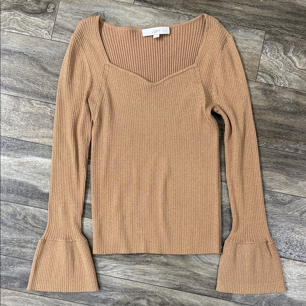 LOFT Camel Ribbed Flare Sleeve Top